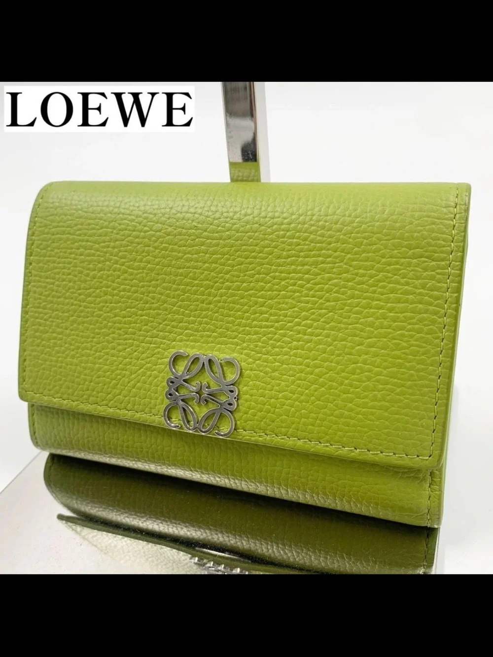 Loewe Lime Green Anagram Pebbled Leather Wallet